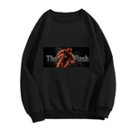 Standalone men's crewneck sweatshirt front displaying a graphic of a running masked figure centered in a narrow lettered banner