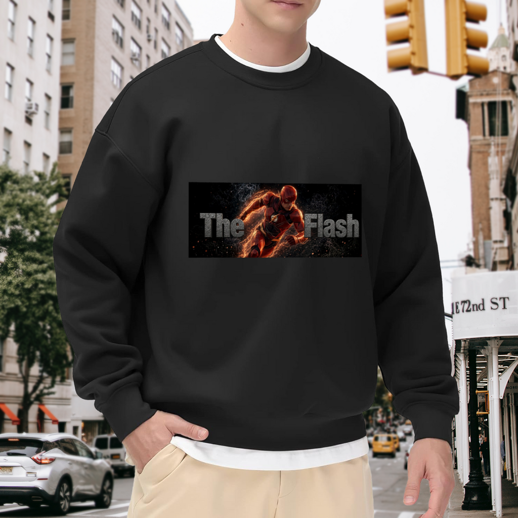 Men's crewneck sweatshirt worn outside, with the camera facing the graphic of a running masked figure centered in a narrow lettered banner