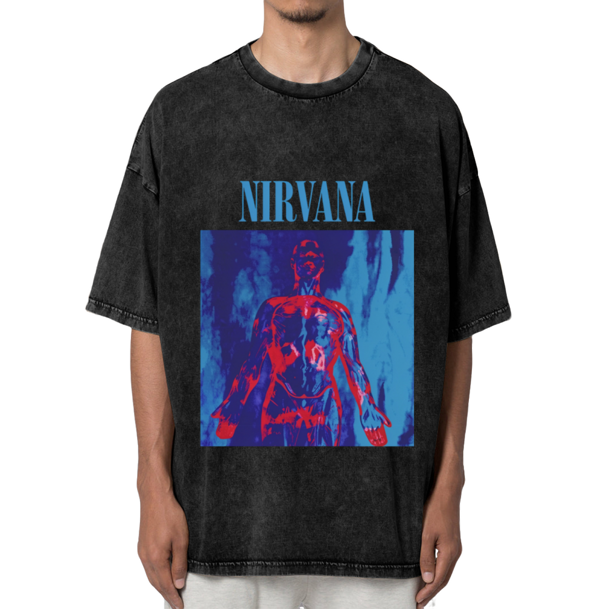 Nirvana Anatomical Figure Washed Graphic Tee in Black, product image showing an anatomical figure rendered with blue and red grunge-style elements.