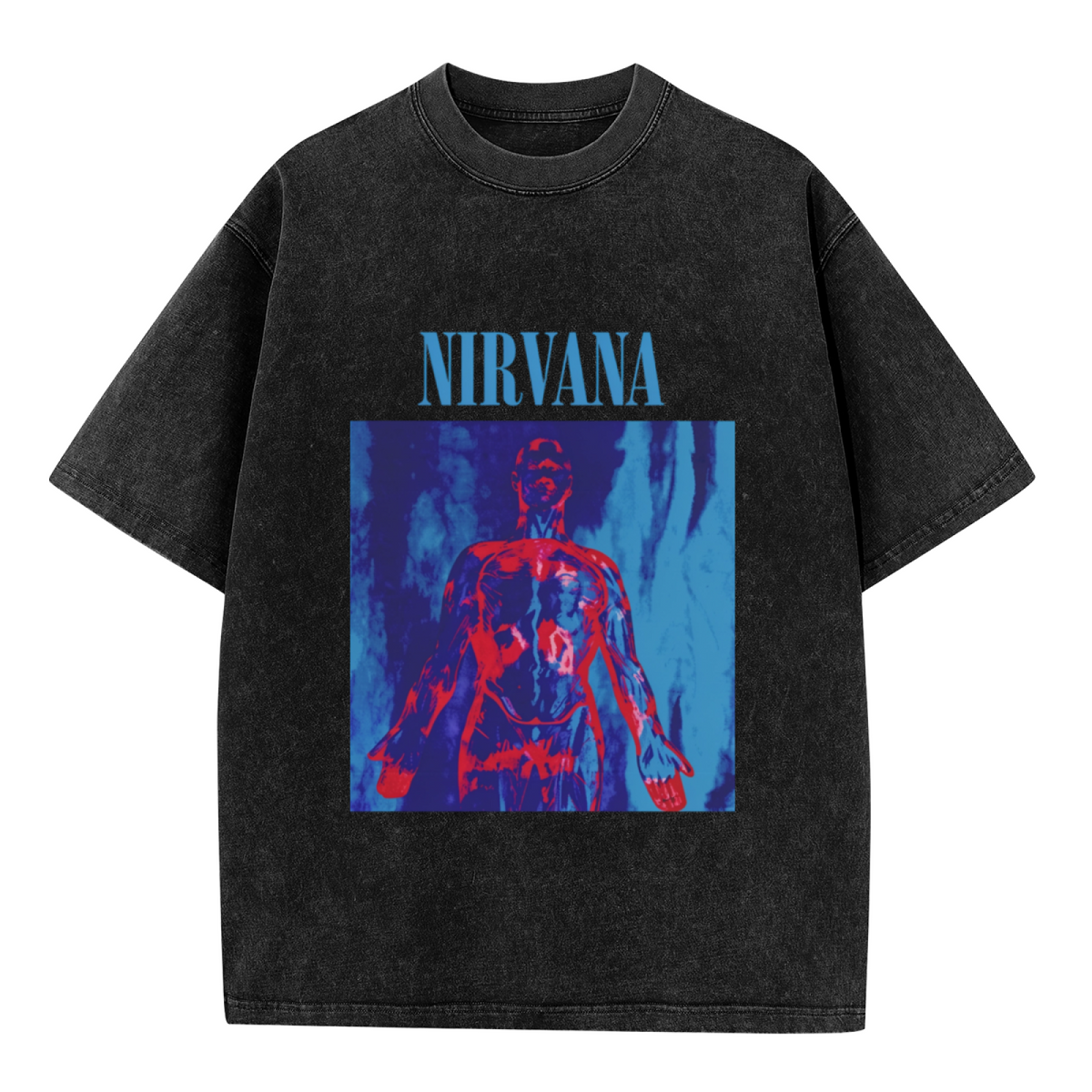 Nirvana Anatomical Figure Washed Graphic Tee in Black, product image showing an anatomical figure rendered with blue and red grunge-style elements.