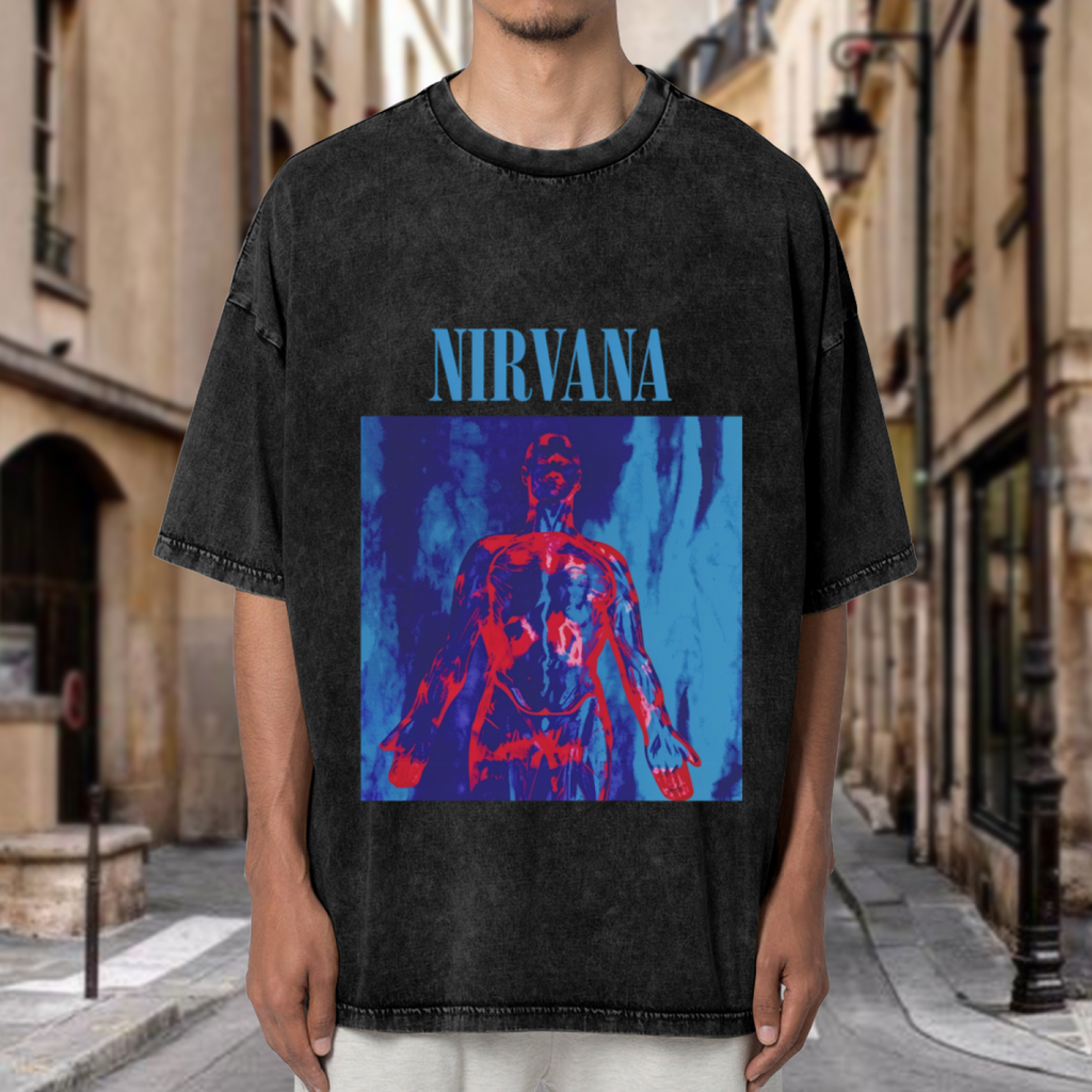 Nirvana Anatomical Figure Washed Graphic Tee in Black, product image showing an anatomical figure rendered with blue and red grunge-style elements.