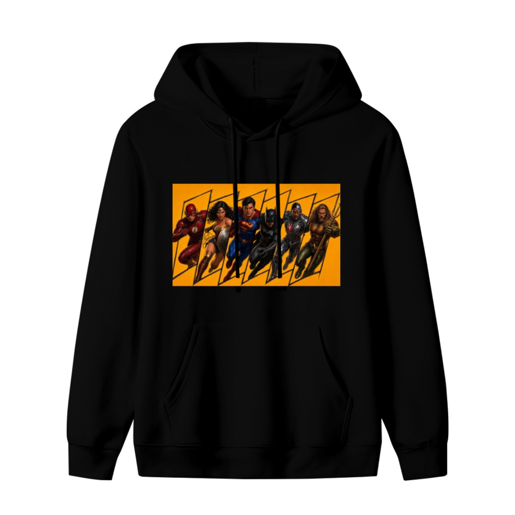 A group of costumed figures charging across a warm-toned action panel shown on the front of a men's hoodie in a standalone product shot