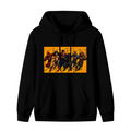A group of costumed figures charging across a warm-toned action panel shown on the front of a men's hoodie in a standalone product shot