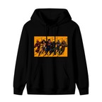 A group of costumed figures charging across a warm-toned action panel shown on the front of a men's hoodie in a standalone product shot