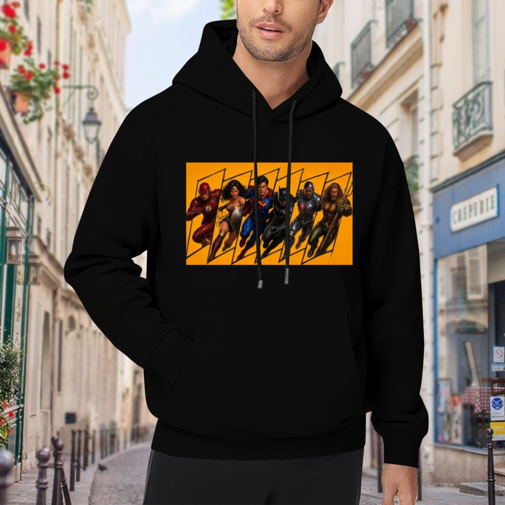 Outdoor photograph of a model in a men's hoodie bearing a group of costumed figures charging across a warm-toned action panel