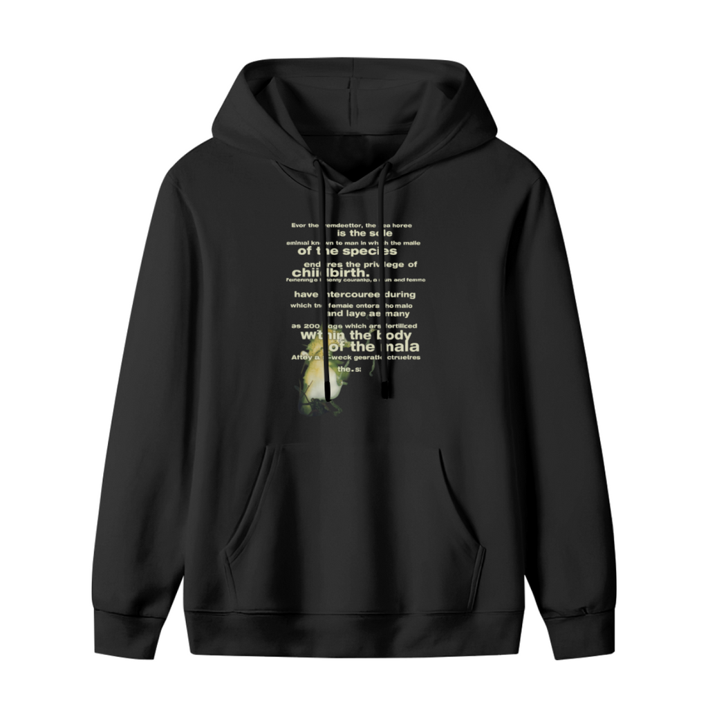 Hoodie product image with vintage seahorse illustration artwork, black colorway