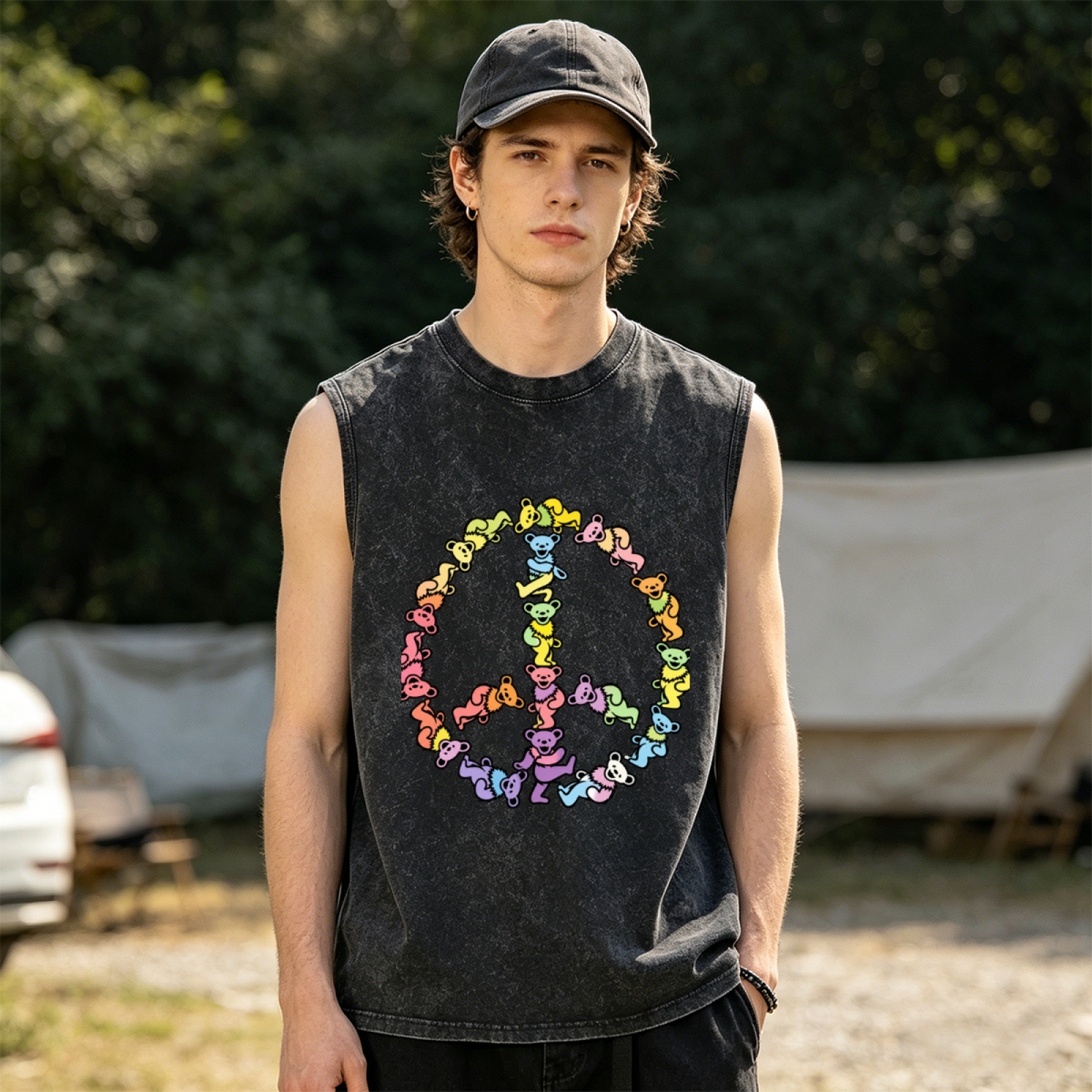 Grateful Dead washed graphic tank top with Dancing Bears Peace Sign graphic