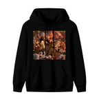 Front garment photograph: men's hoodie decorated with an ornate throne hall filled with firelight and fantasy figures