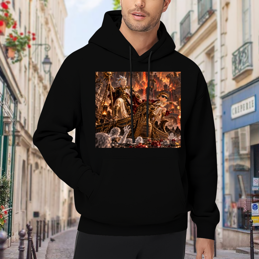 An ornate throne hall filled with firelight and fantasy figures visible on a men's hoodie in an outdoor front model view