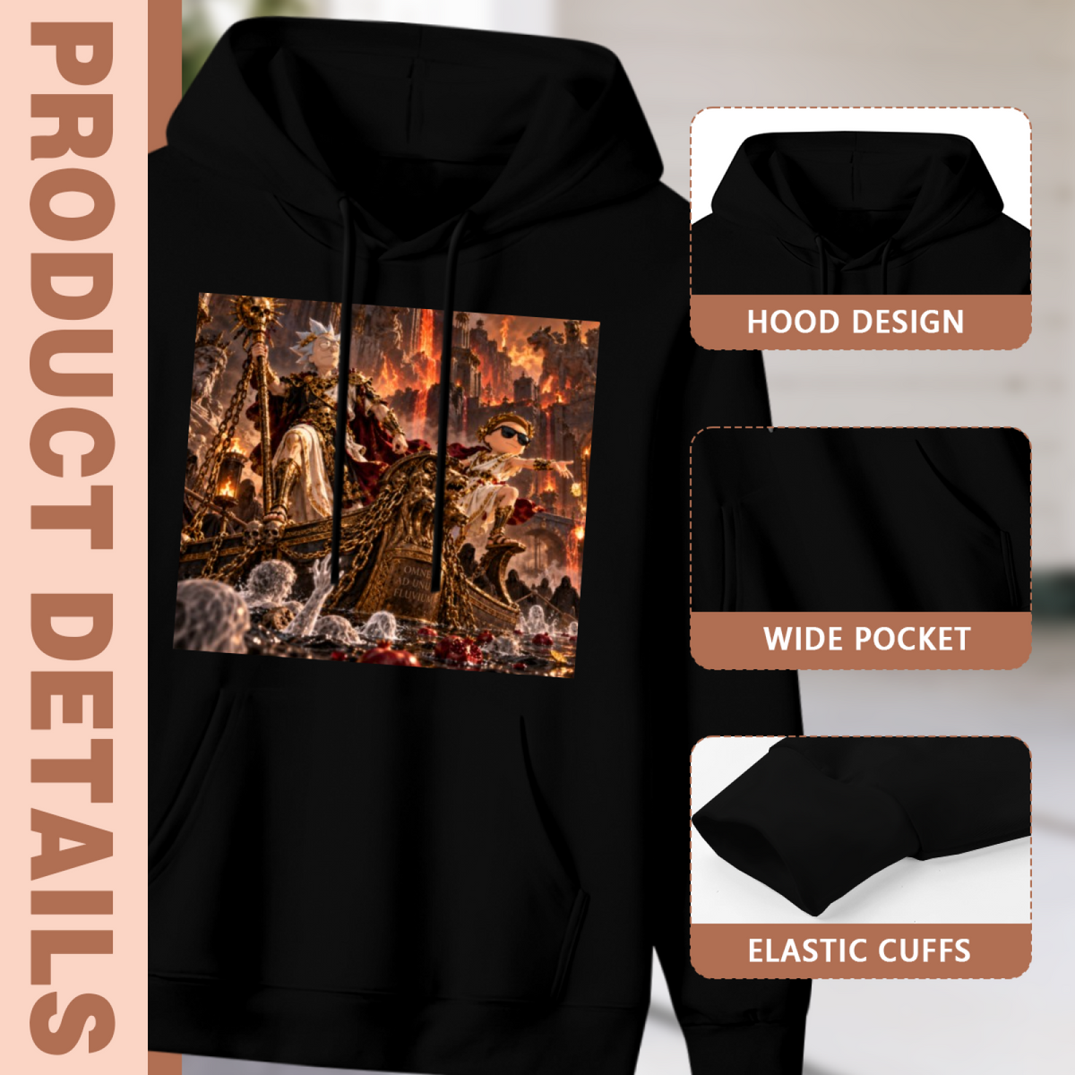 Men's Firelit Throne Assembly hoodie product-feature illustration with close views of the hood, pocket and cuffs