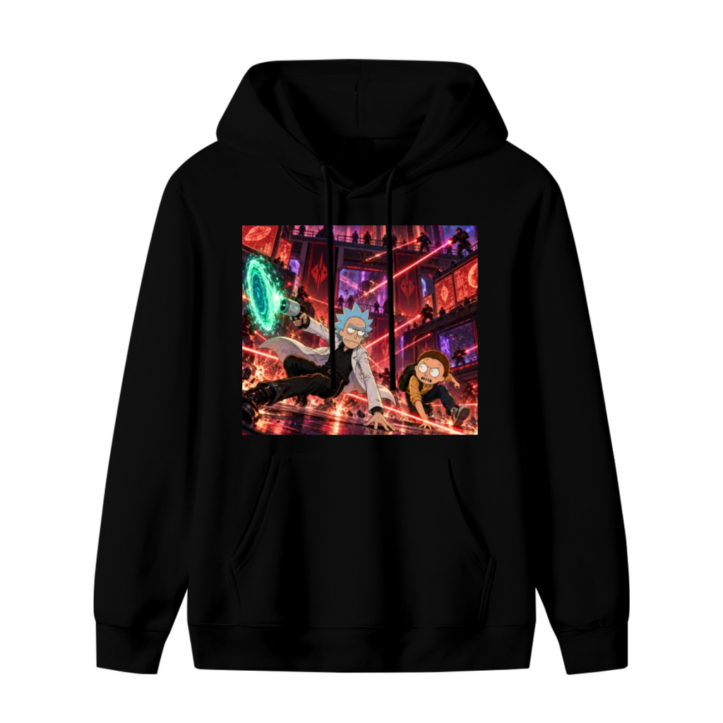 Standalone men's hoodie front displaying a graphic of two cartoon figures running through a city filled with lasers