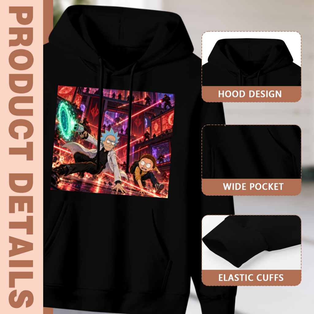 Construction-detail card for the men's Cartoon Chase through Lasers hoodie, including the hood, front pouch and cuff edges