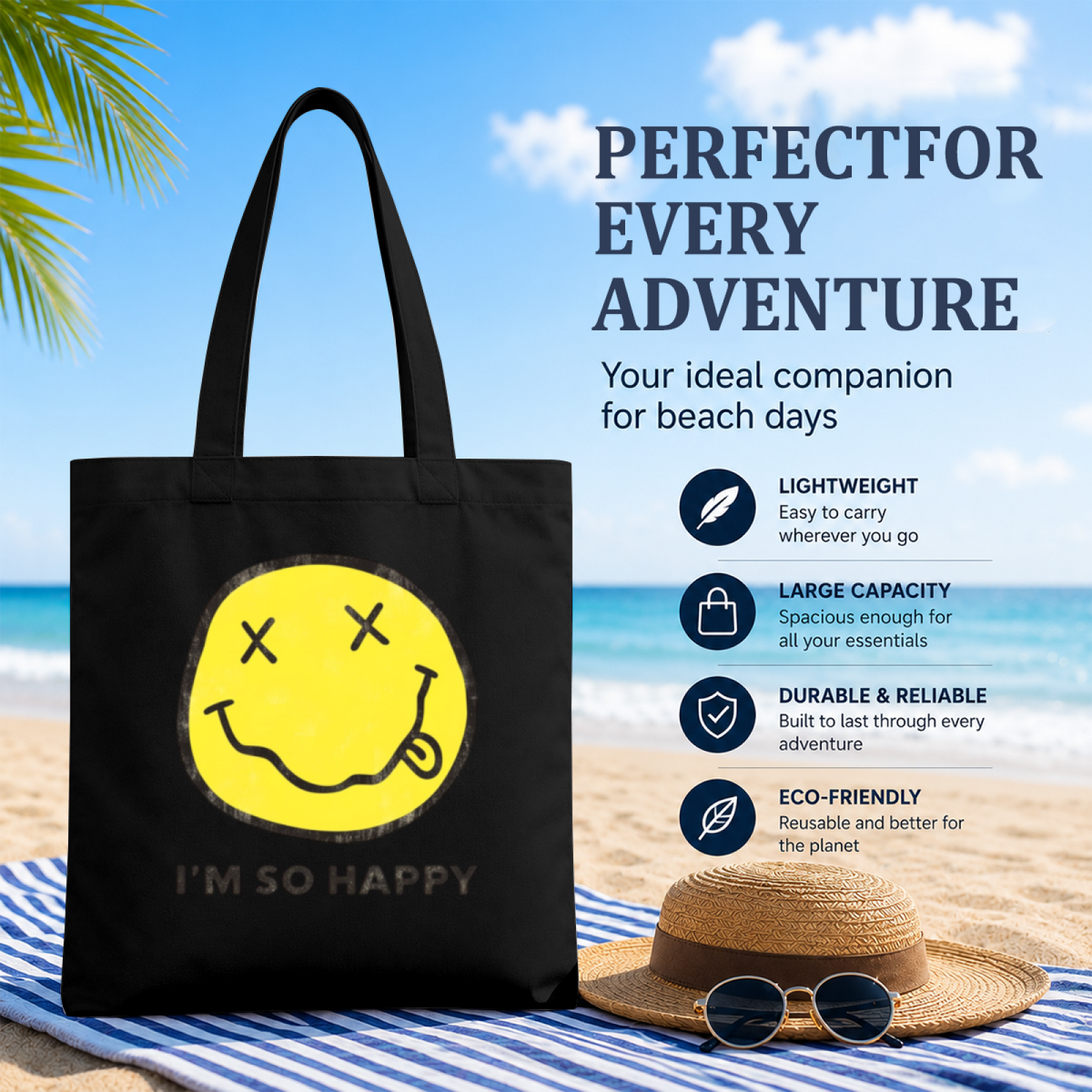 Nirvana I'm So Happy Graphic Canvas Tote — a design identified by the “I’m So Happy” phrase