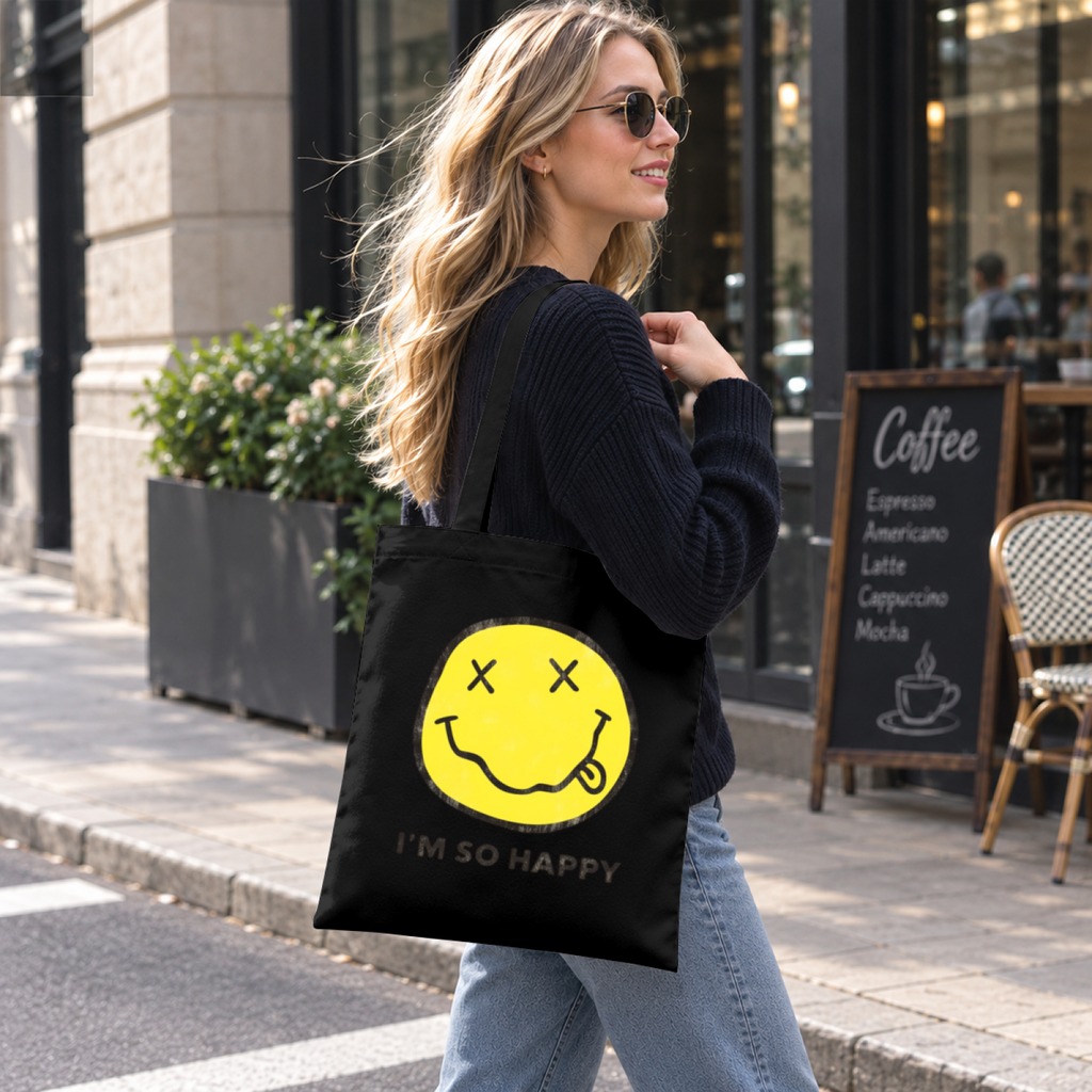 Nirvana I'm So Happy Graphic Canvas Tote — a design identified by the “I’m So Happy” phrase