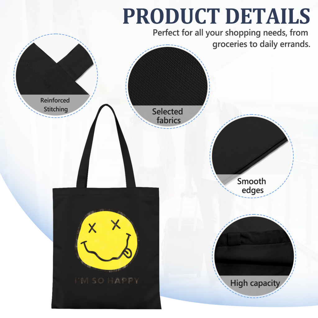 Nirvana I'm So Happy Graphic Canvas Tote — a design identified by the “I’m So Happy” phrase