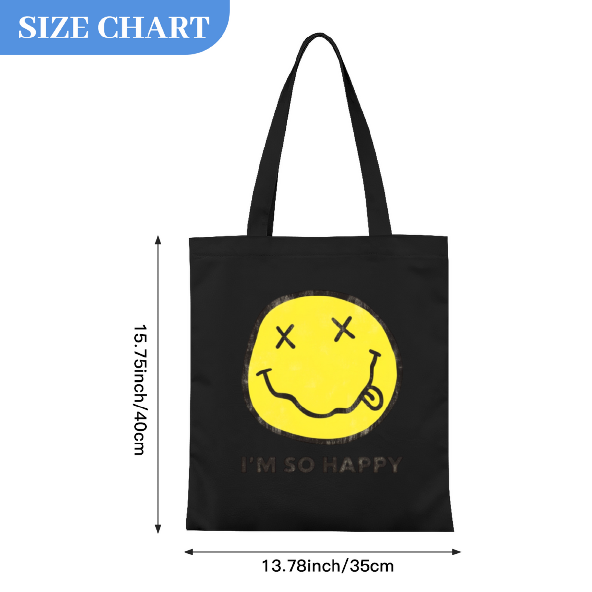 Nirvana I'm So Happy Graphic Canvas Tote — a design identified by the “I’m So Happy” phrase