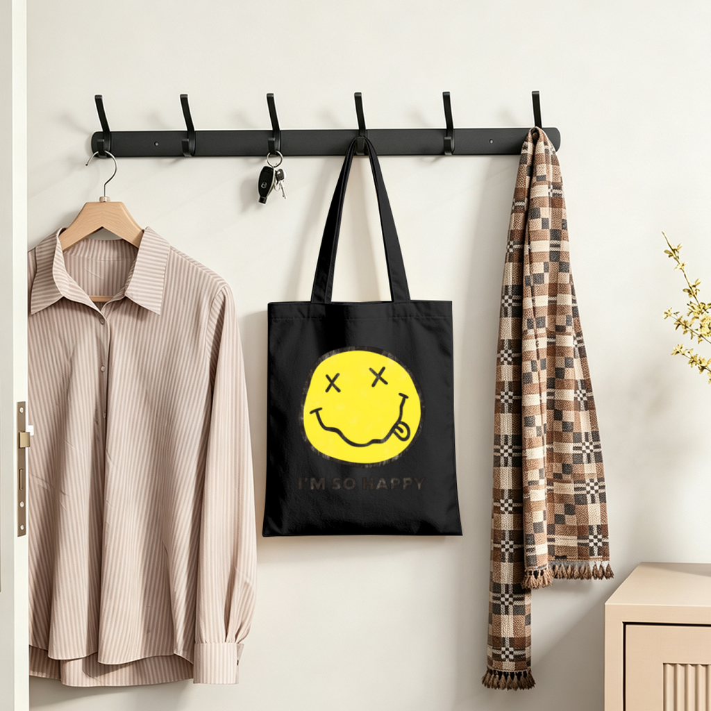 Nirvana I'm So Happy Graphic Canvas Tote — a design identified by the “I’m So Happy” phrase