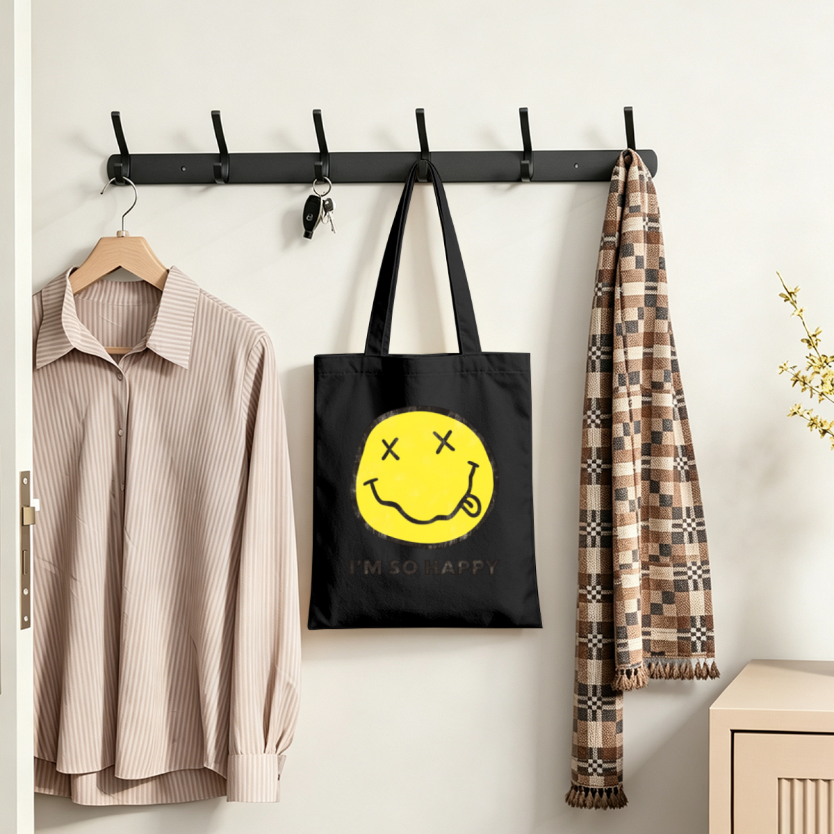 Nirvana I'm So Happy Graphic Canvas Tote — a design identified by the “I’m So Happy” phrase