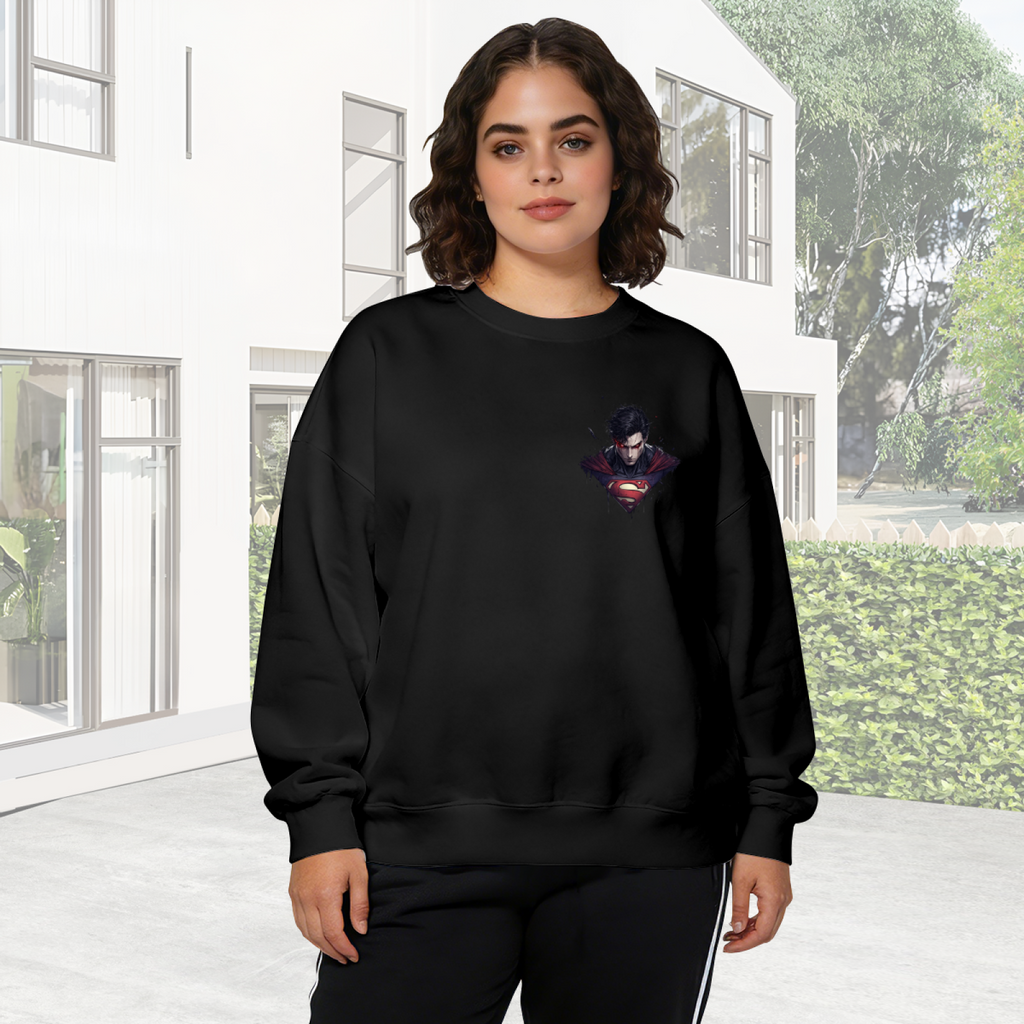 Lifestyle image outdoors: women's crewneck sweatshirt with a front graphic of an intense-gaze portrait above an angular crest