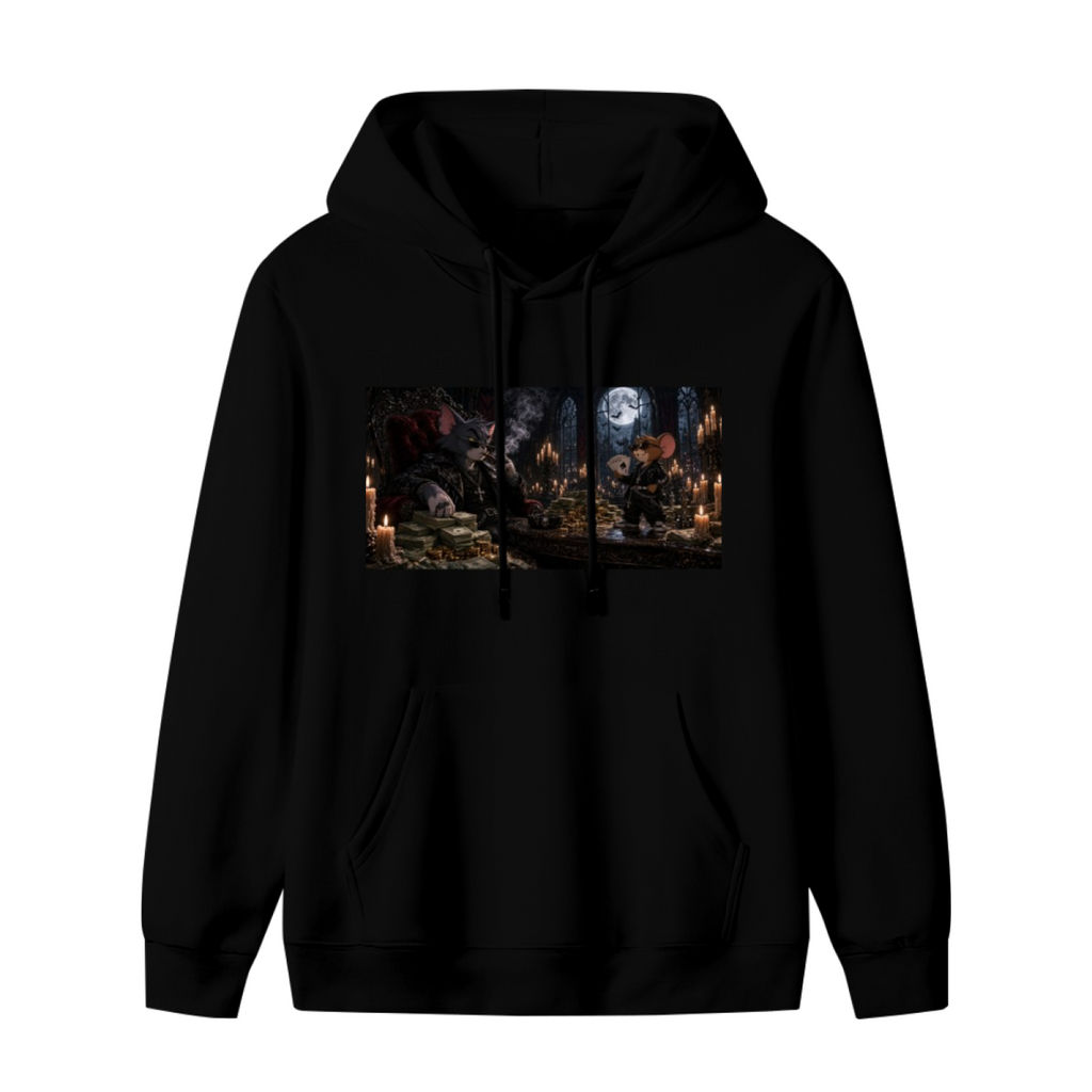 Men's hoodie photographed alone, with animal figures gathered around a banquet table in a candlelit Gothic hall on the front