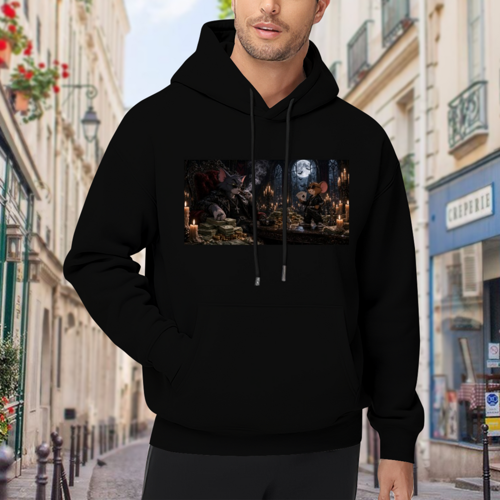 Lifestyle image outdoors: men's hoodie with a front graphic of animal figures gathered around a banquet table in a candlelit Gothic hall