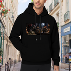 Lifestyle image outdoors: men's hoodie with a front graphic of animal figures gathered around a banquet table in a candlelit Gothic hall