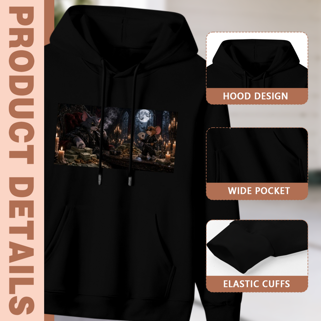 Feature collage for the men's Animals at a Gothic Feast hoodie: hood shape, pouch pocket and cuff finishing