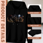 Feature collage for the men's Animals at a Gothic Feast hoodie: hood shape, pouch pocket and cuff finishing