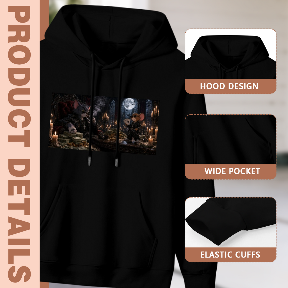 Feature collage for the men's Animals at a Gothic Feast hoodie: hood shape, pouch pocket and cuff finishing