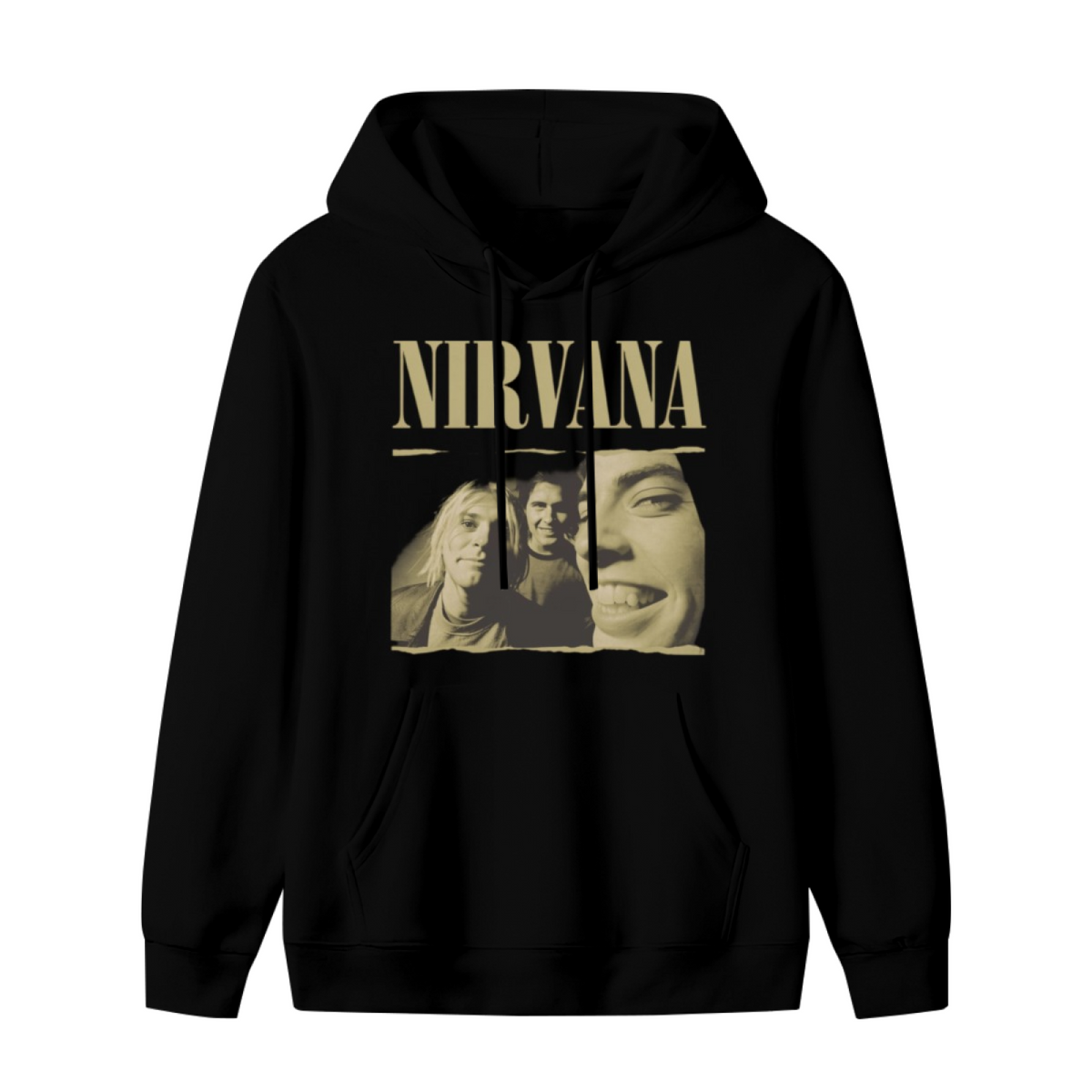 Nirvana Torn Edge Vintage Band Photo Hoodie, product image featuring the an archival photo look design