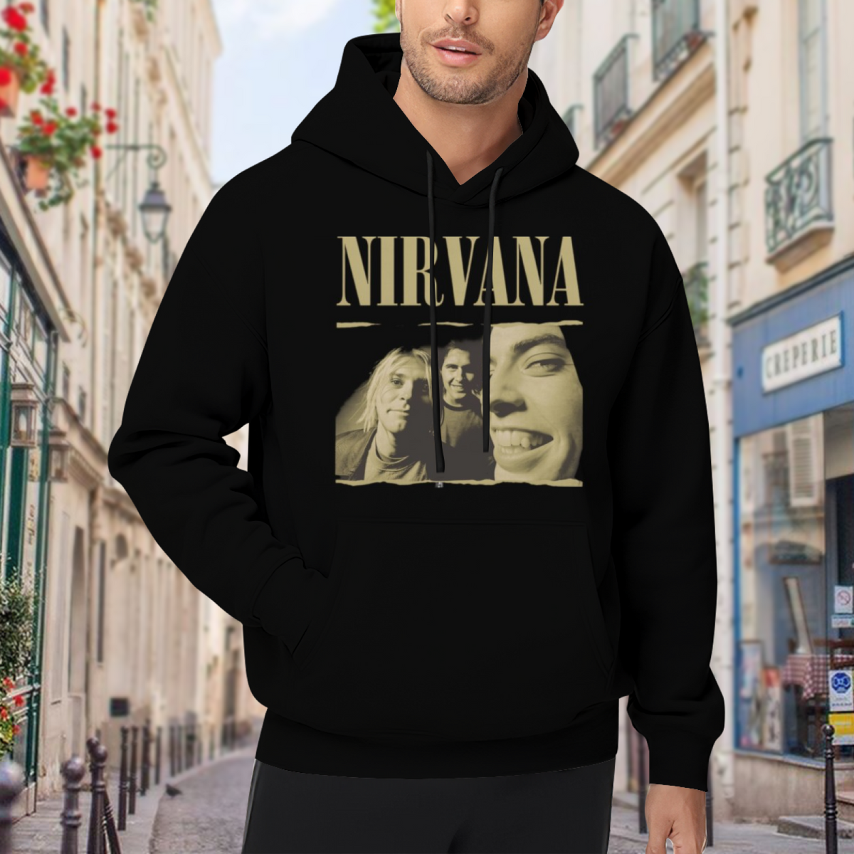 Nirvana Torn Edge Vintage Band Photo Hoodie, product listing image of the an archival photo look graphic