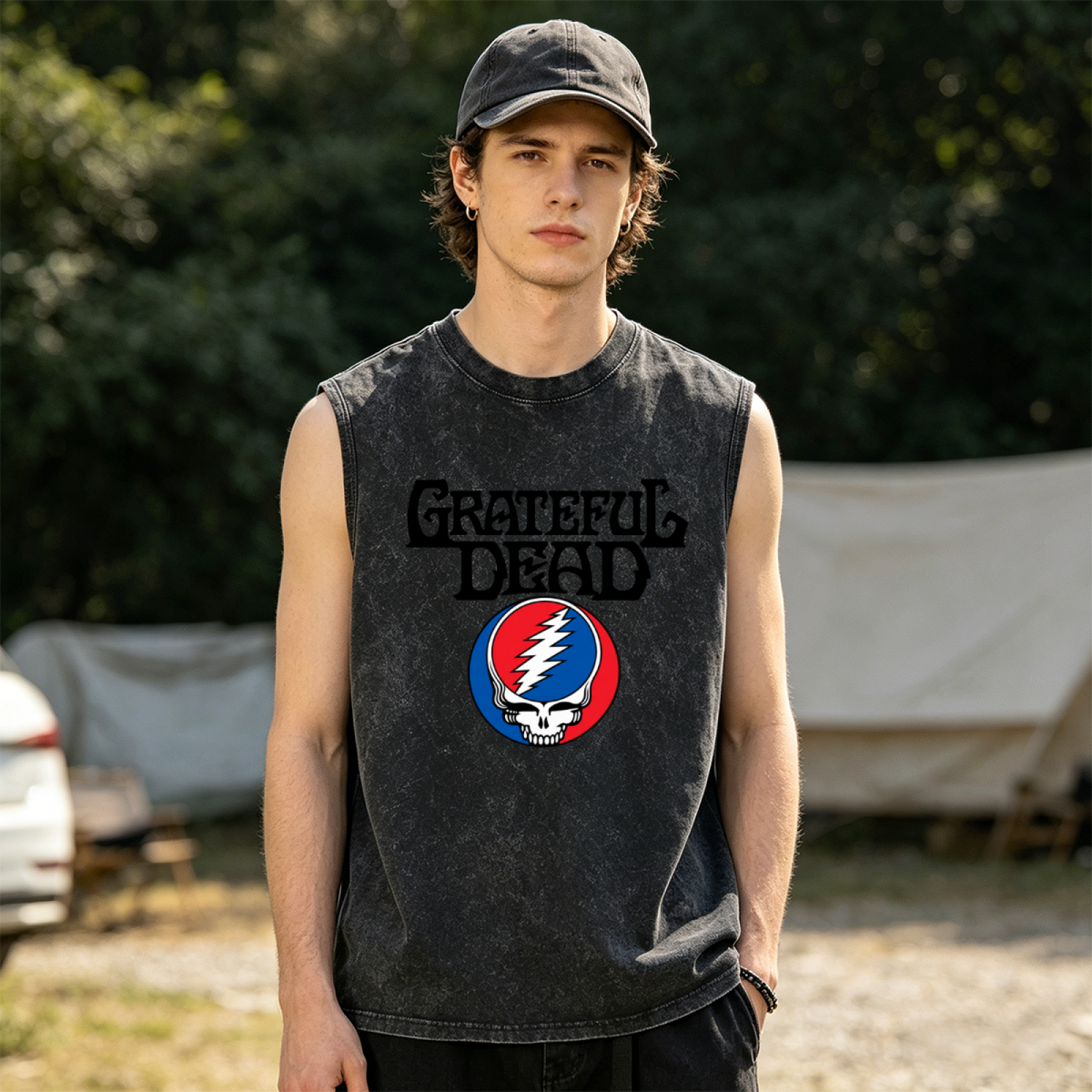 Grateful Dead washed graphic tank top with Steal Your Face Skull Logo graphic