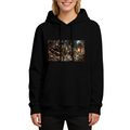 Animal figures facing a monster in a moonlit fantasy battle printed on a women's hoodie, shown in a front model photo