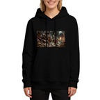 Animal figures facing a monster in a moonlit fantasy battle printed on a women's hoodie, shown in a front model photo