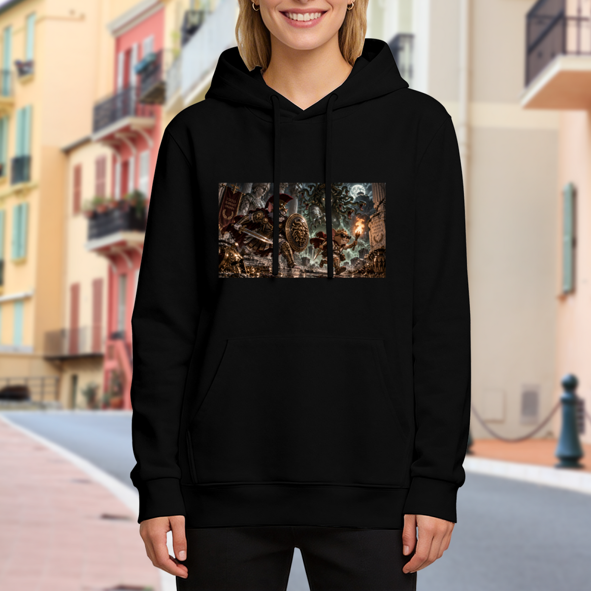 On-location model photograph displaying animal figures facing a monster in a moonlit fantasy battle on the front of a women's hoodie