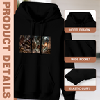 Garment and inset detail views for the women's Animals against the Creature hoodie, highlighting the hood, pocket opening and cuffs
