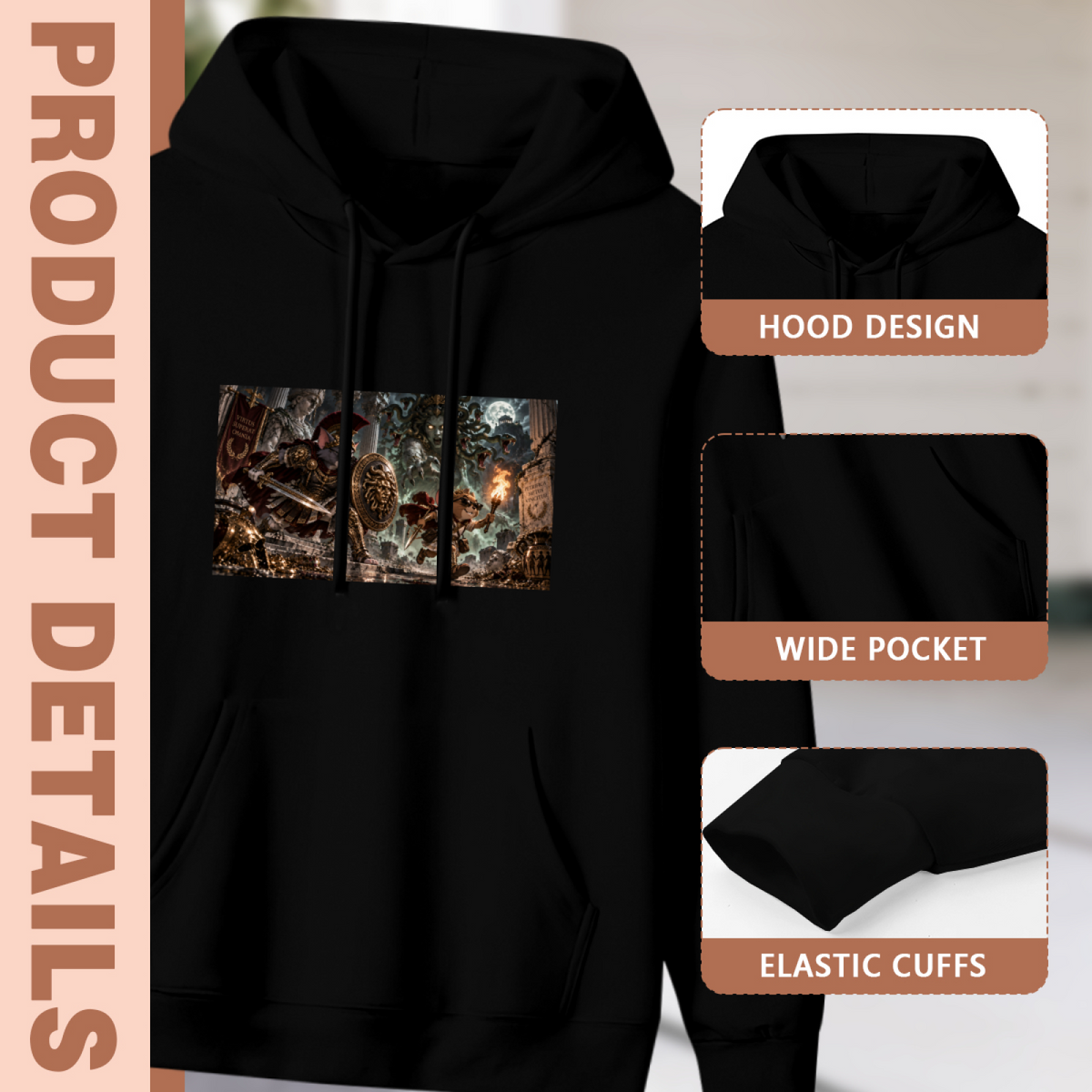 Garment and inset detail views for the women's Animals against the Creature hoodie, highlighting the hood, pocket opening and cuffs