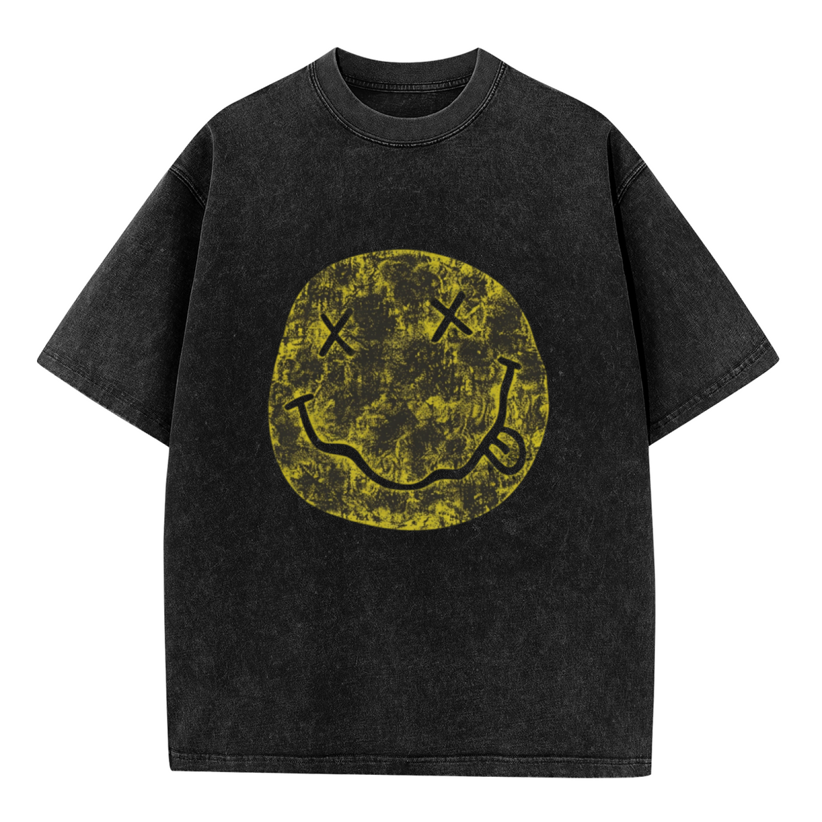 Nirvana Distressed Smiley Washed Graphic Tee in Black, product image showing a faded yellow Nirvana smiley-face graphic with a distressed finish.
