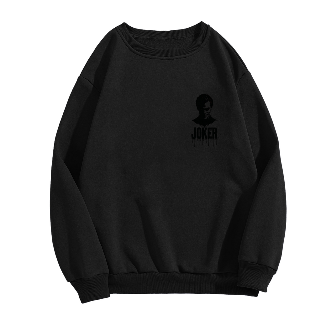 Women's crewneck sweatshirt photographed alone, with a small clown silhouette and ink-style lettering on the front