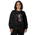 Studio photograph of a model in a women's crewneck sweatshirt showing a pigtail portrait with a sly smile and rough-edged details