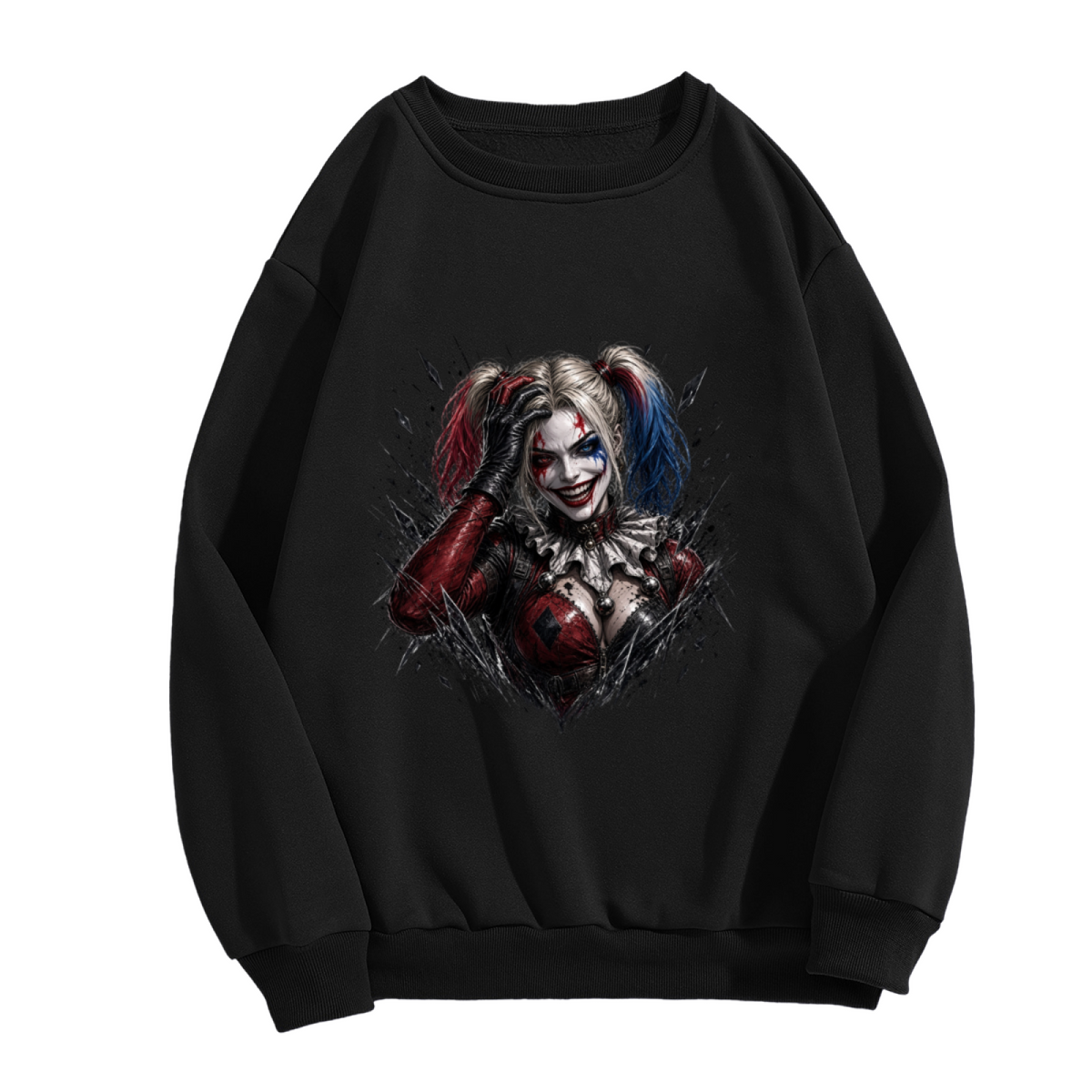 Standalone women's crewneck sweatshirt front displaying a graphic of a pigtail portrait with a sly smile and rough-edged details
