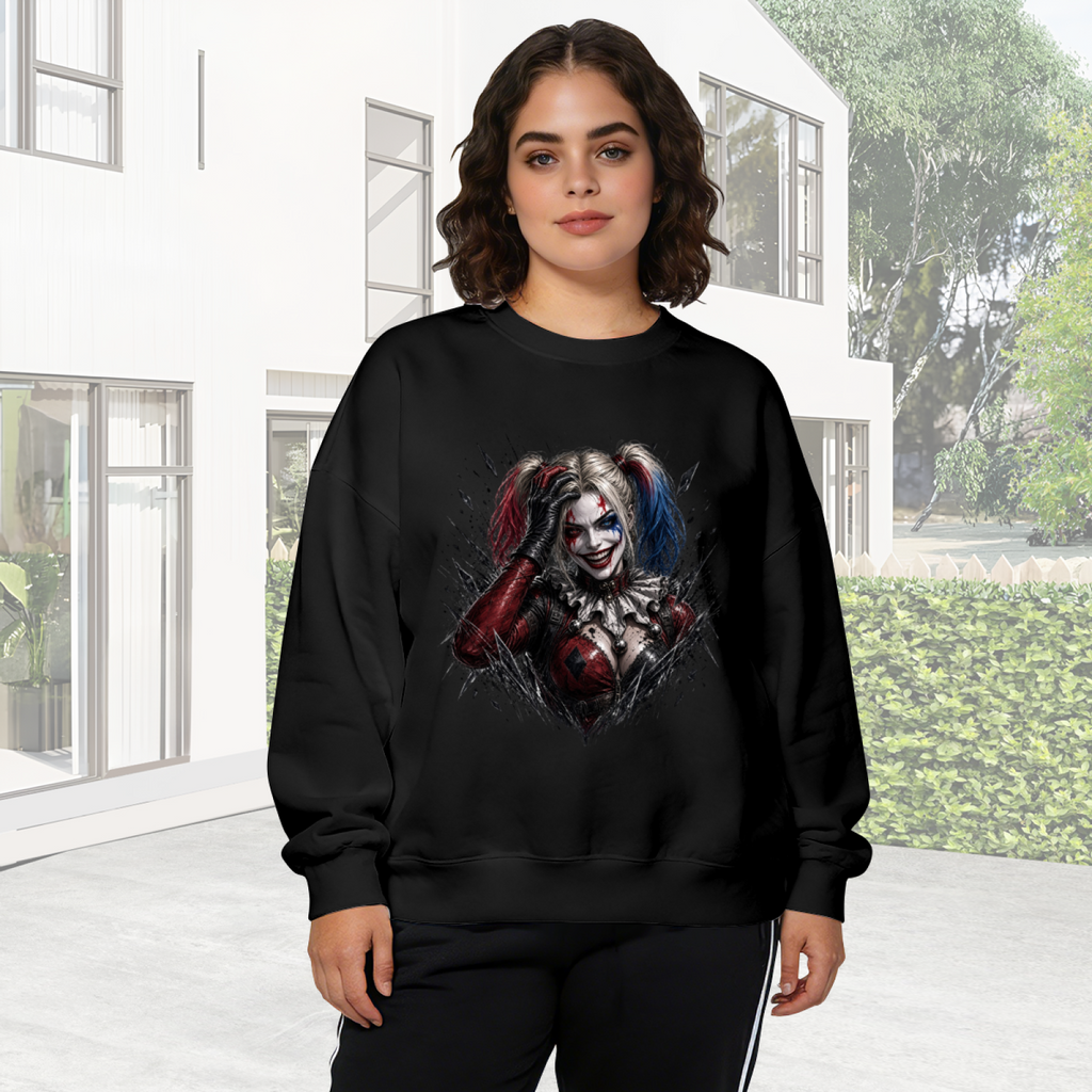 Women's crewneck sweatshirt worn outside, with the camera facing the graphic of a pigtail portrait with a sly smile and rough-edged details