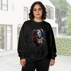 Women's crewneck sweatshirt worn outside, with the camera facing the graphic of a pigtail portrait with a sly smile and rough-edged details