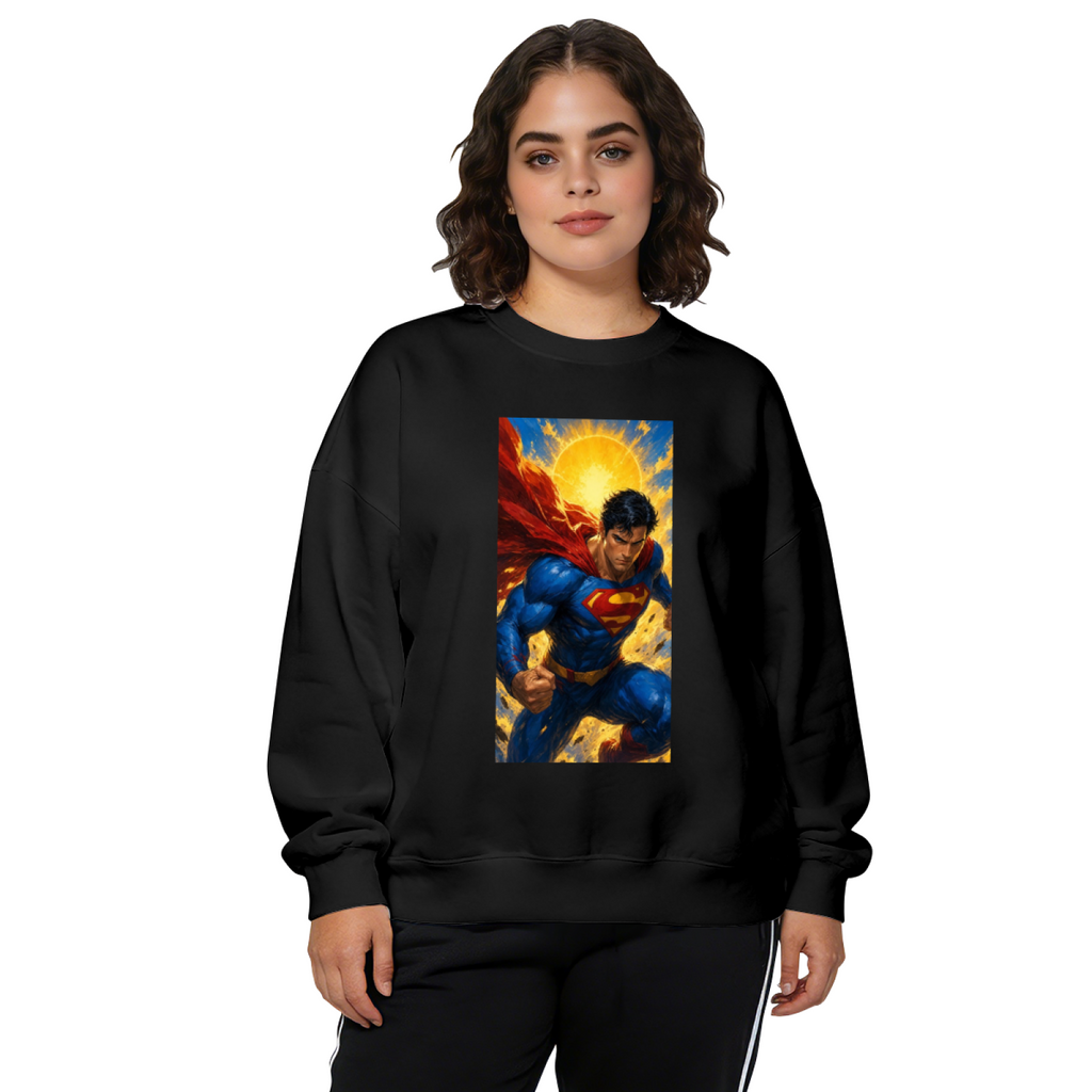 Studio photograph of a model in a women's crewneck sweatshirt showing a charging caped figure framed by a bright sunburst