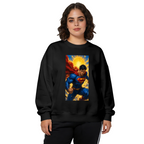 Studio photograph of a model in a women's crewneck sweatshirt showing a charging caped figure framed by a bright sunburst