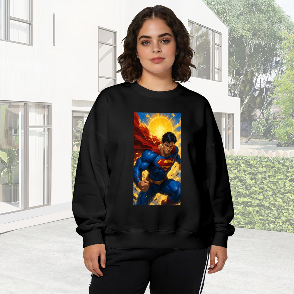 Women's crewneck sweatshirt worn outside, with the camera facing the graphic of a charging caped figure framed by a bright sunburst