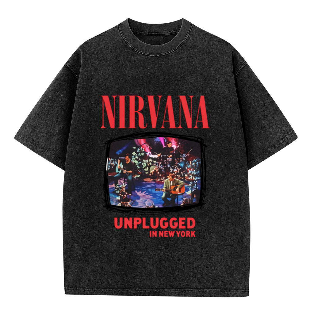 Nirvana MTV Unplugged New York Washed Tee in Black, product image showing nirvana’s MTV Unplugged in New York stage photograph framed by album-inspired lettering.