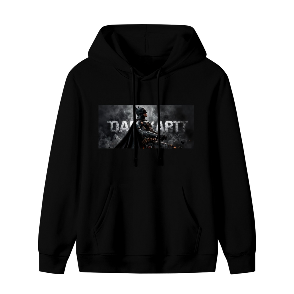 Men's hoodie photographed alone, with an armored figure in a smoky grayscale panel with lettering on the front
