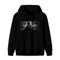 Men's hoodie photographed alone, with an armored figure in a smoky grayscale panel with lettering on the front