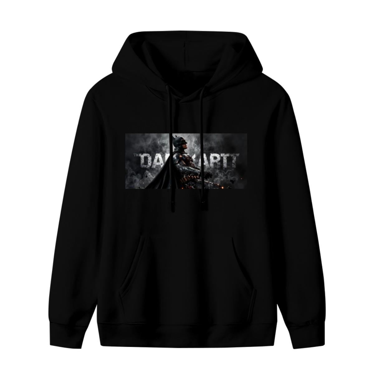 Men's hoodie photographed alone, with an armored figure in a smoky grayscale panel with lettering on the front